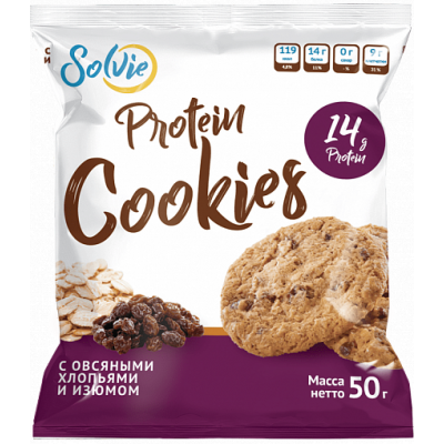 Печенье "Protein cookies" с овсяными хлопьями и изюмом без сахара, Solvie, 50 г Печенье "Protein cookies" с овсяными хлопьями и изюмом без сахара, Solvie, 50 г