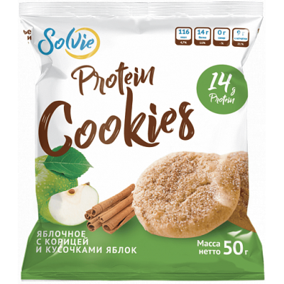 Печенье "Protein cookies" яблочное с корицей и кусочками яблок без сахара, Solvie, 50 г Печенье "Protein cookies" яблочное с корицей и кусочками яблок без сахара, Solvie, 50 г